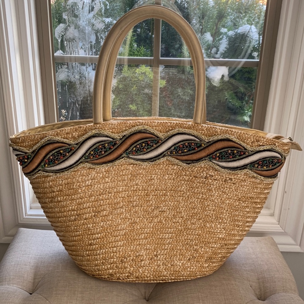 Sand N' Surf Fully Lined Straw Beach Tote Bag